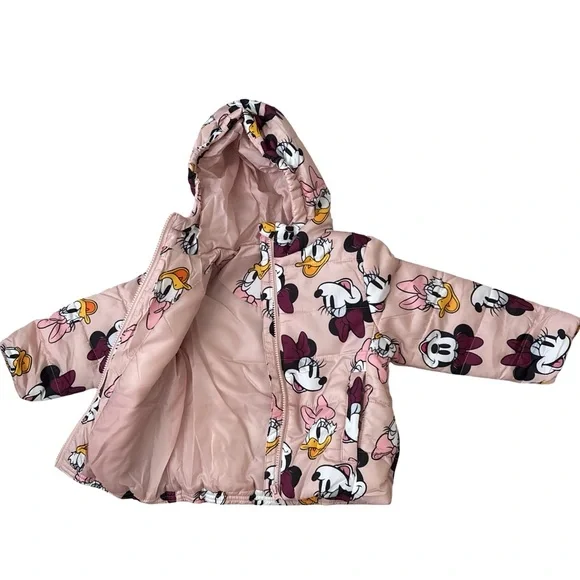 Disney Girls Minnie Mouse Daisy Duck Pink Hooded Winter Puffer Jacket Toddler 3T - Picture 7 of 16
